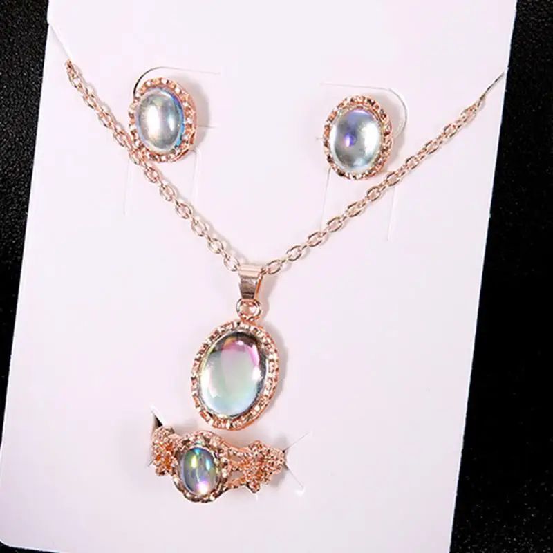 Natural Opal Jewelry Set 3Piece Matching Pendant Necklace Earrings Ring Elegant Gemstone Gift Set 4
