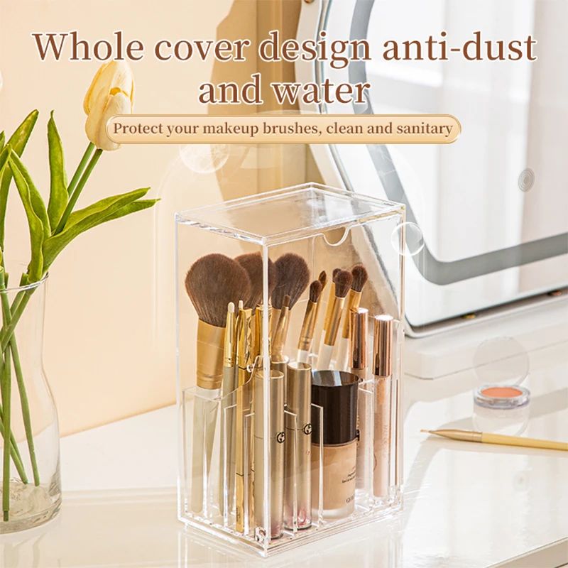 Clear Acrylic Makeup Brush Holder With Lid Large Capacity Cosmetic Brush Storage Box For Vanity De 4
