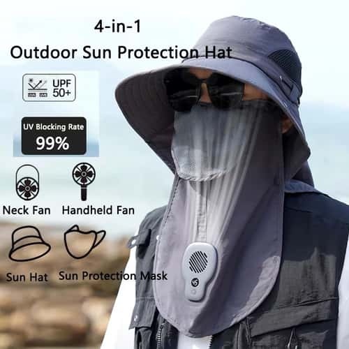 BreezeGuard Wide Brim Sun Hat with Fan & Neck Flap - UV Cooling Outdoor Fishing & Hiking Hat