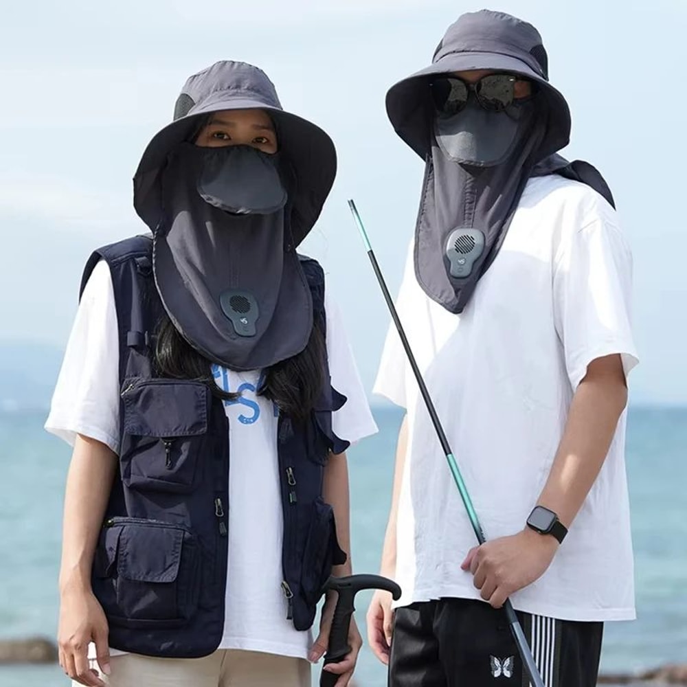 BreezeGuard Wide Brim Sun Hat With Fan Neck Flap UV Cooling Outdoor Fishing Hiking Hat 1