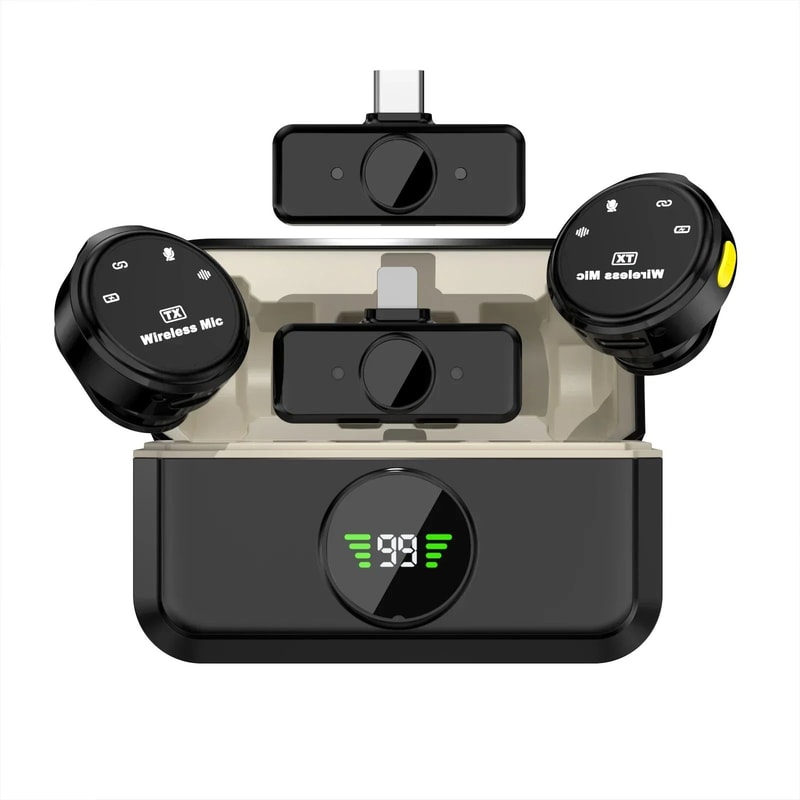 Magnetic Wireless Lavalier Microphone With Noise Reduction Digital Display Charging Case For IPhon 8