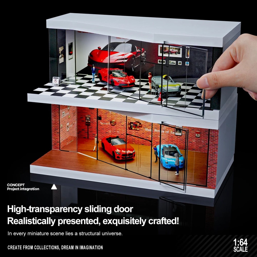 164 Scale Garage Diorama Display Box With LED Lights Miniature Parking Lot Auto Shop Scene For Di 1