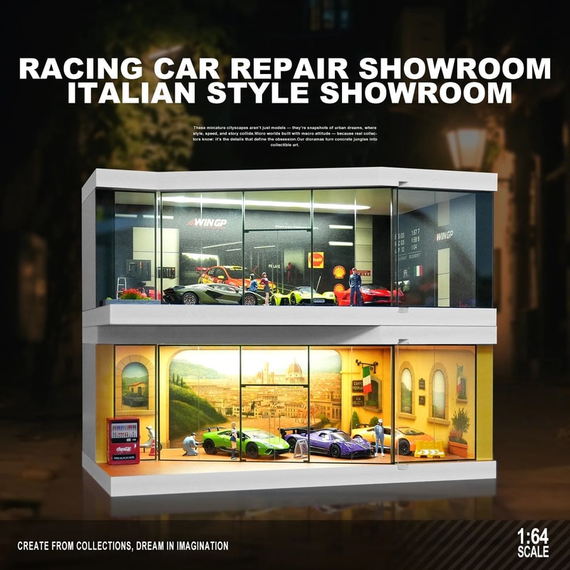 164 Scale Garage Diorama Display Box With LED Lights Miniature Parking Lot Auto Shop Scene For Di 5