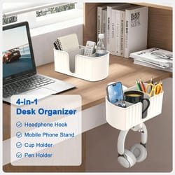 4-in-1 clamp-on desk organizer with rotating headphone holder and cup & pen storage