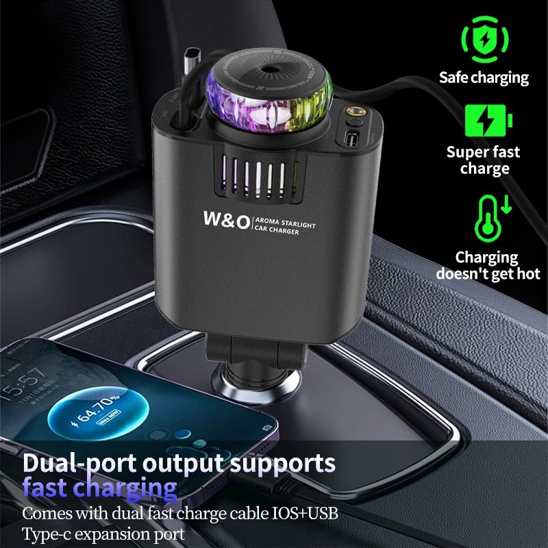 Retractable Car Charger 45W PD Fast Charger With USBC Starlight Roof Glow Aromatherapy 3