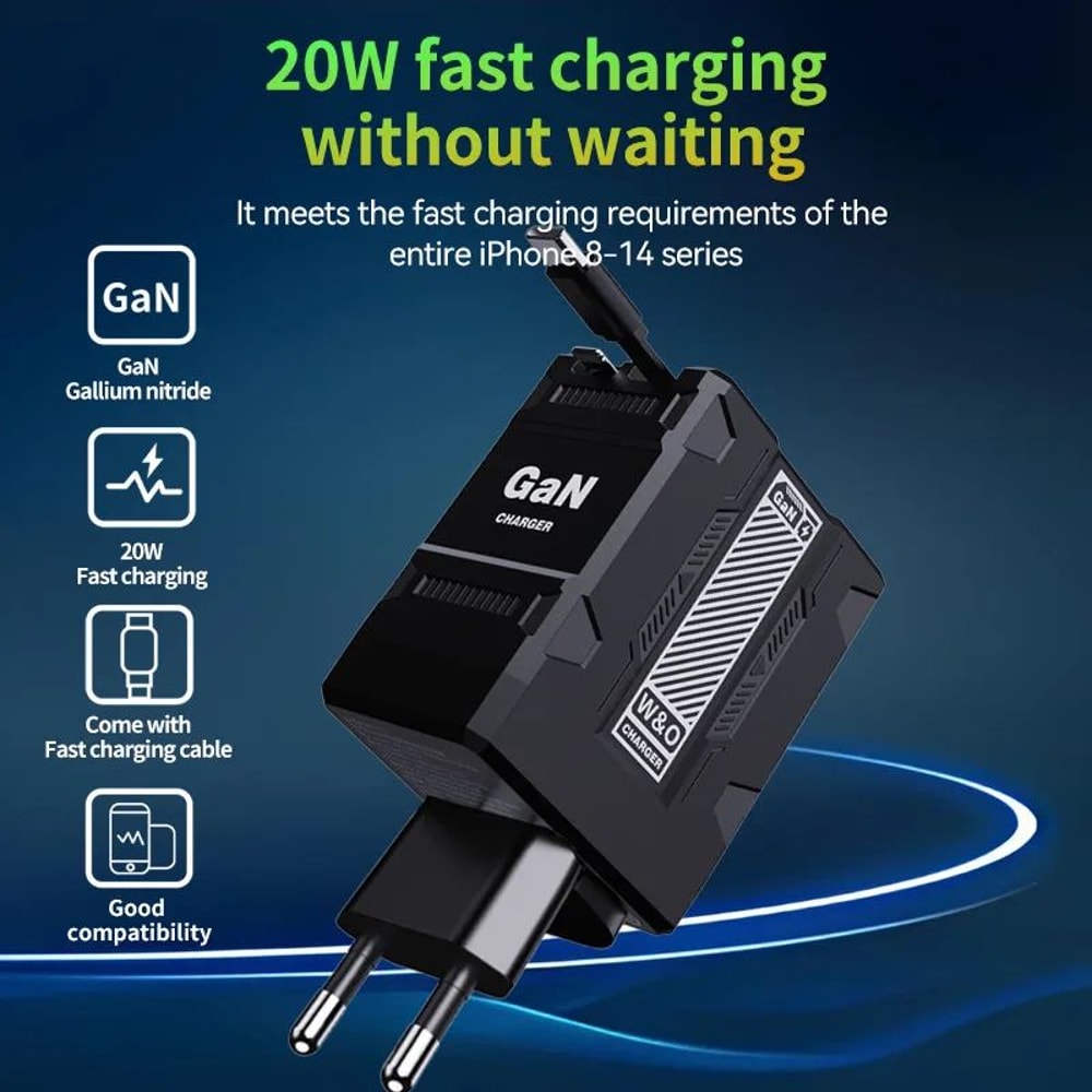 GaN 20W USBC PD Fast Charger With USBC To Lightning Support Compact Travel Wall Adapter EUUSUK 0