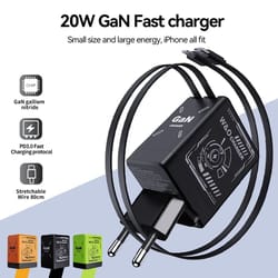 120w gan retractable fast charger with built-in usb-c & lightning cables - compact multi-device wall adapter