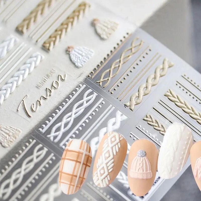 Cozy Knit 3D Nail Stickers Winter Sweater Nail Decals SelfAdhesive Embossed Nail Art Sheet 0