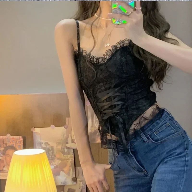 Y2K Lace Corset Crop Top Womens Bandage Camisole Tank With Sculpting Fit 0