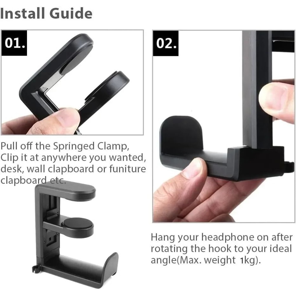 360 Rotating NoDrill Desk Headphone Hanger Clip Under Desk Headset Holder MultiPurpose Hook 2