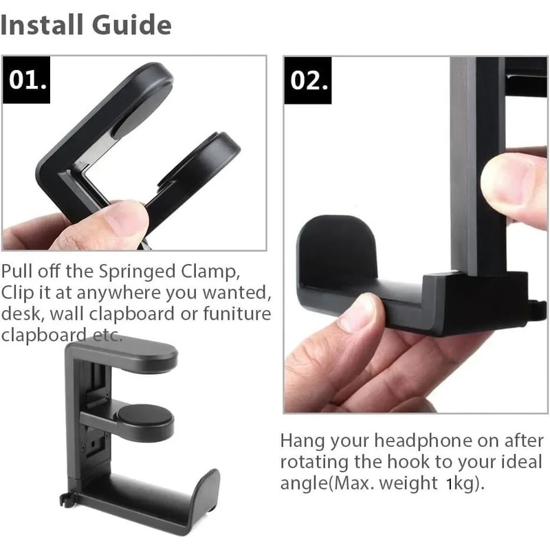 360 Rotating NoDrill Desk Headphone Hanger Clip Under Desk Headset Holder MultiPurpose Hook 2