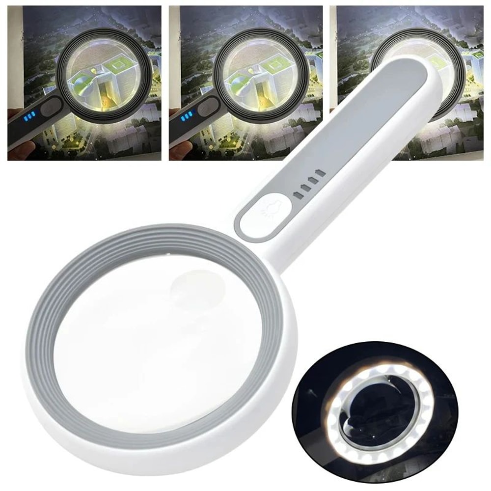 Rechargeable 12X Handheld Magnifier With LED Light 3 Modes Reading Inspection Loupe 0