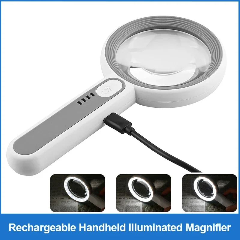 Rechargeable 12X Handheld Magnifier With LED Light 3 Modes Reading Inspection Loupe 1