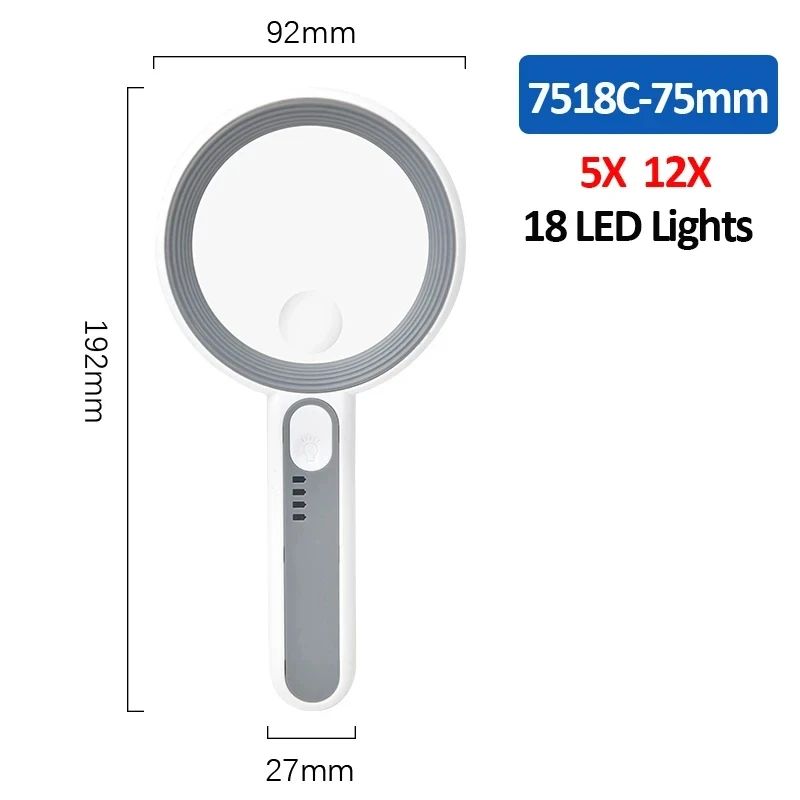 Rechargeable 12X Handheld Magnifier With LED Light 3 Modes Reading Inspection Loupe 8