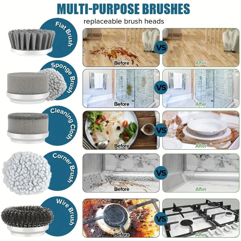 Cordless Electric Spin Scrubber With 5 Heads Rechargeable Cleaning Brush For Bathroom Tiles Grout 4