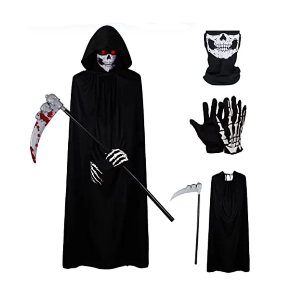 Grim Reaper Costume Set With Hooded Black Cloak Skeleton Prop Halloween Cosplay For Kids Adults 0