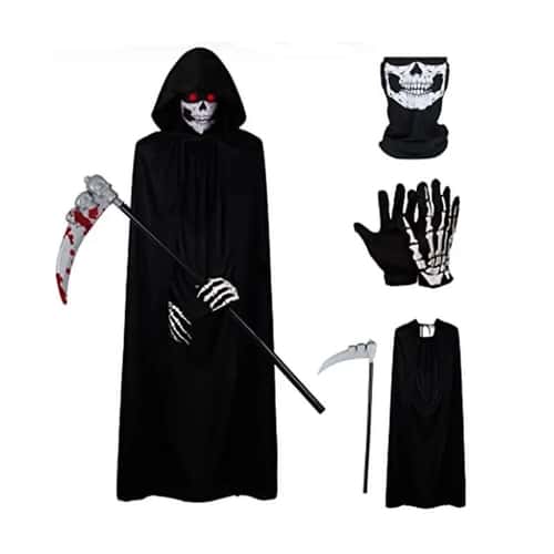 Grim Reaper Costume Set with Hooded Black Cloak & Skeleton Prop – Halloween Cosplay for Kids & Adults