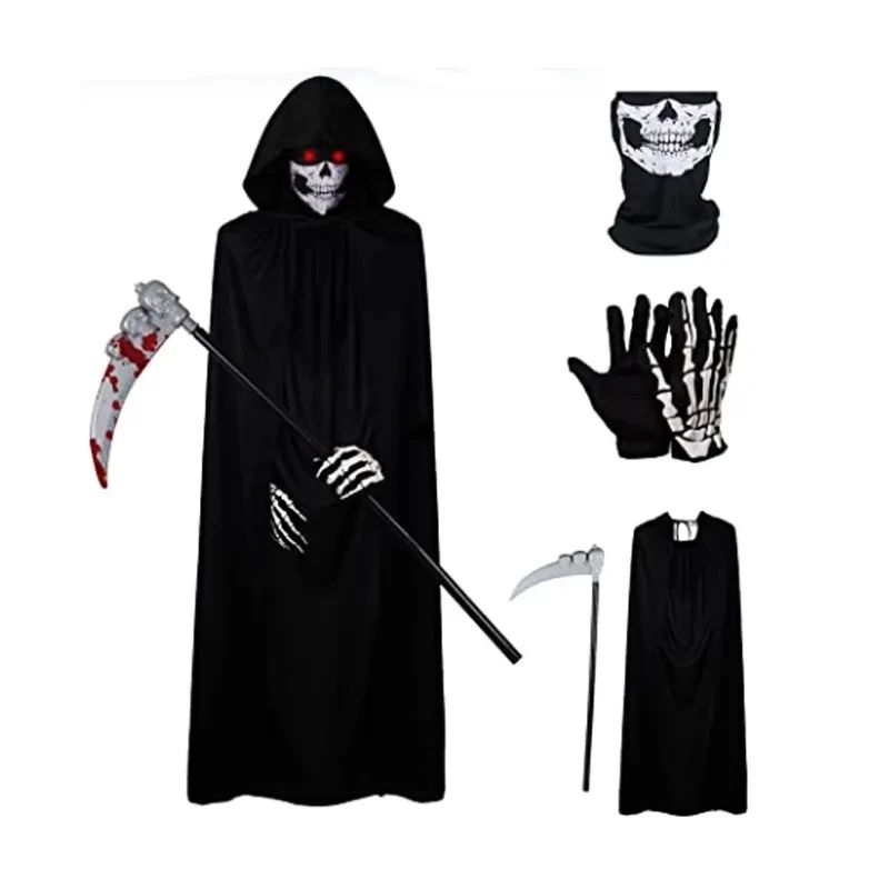 Grim Reaper Costume Set With Hooded Black Cloak Skeleton Prop Halloween Cosplay For Kids Adults 0