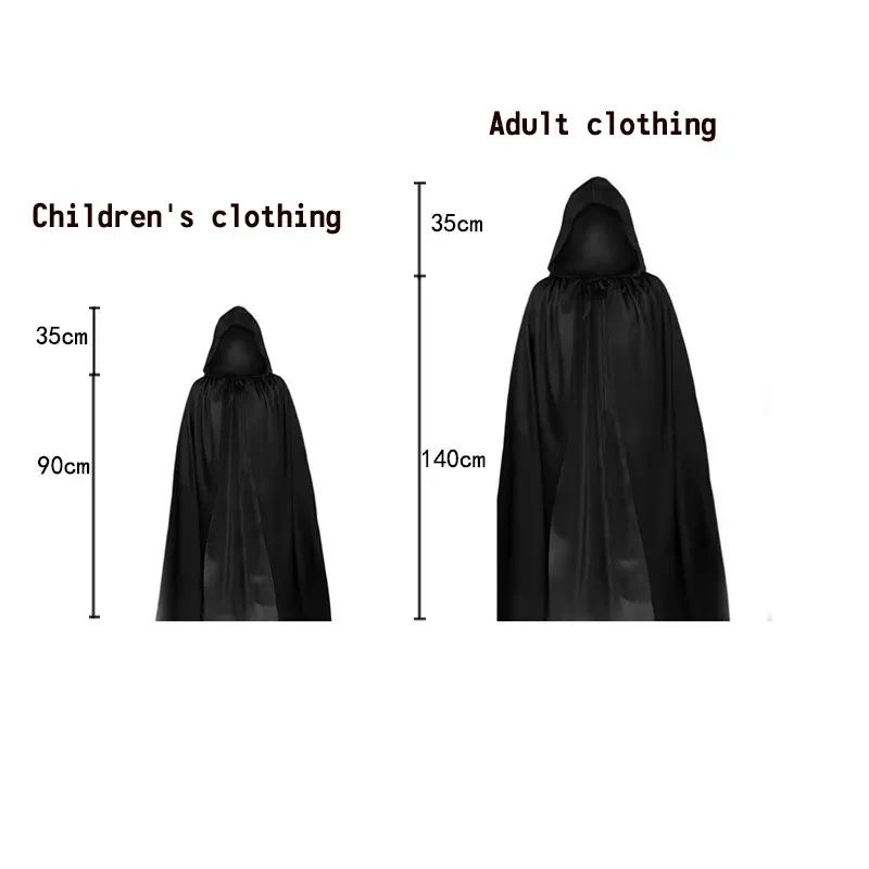 Grim Reaper Costume Set With Hooded Black Cloak Skeleton Prop Halloween Cosplay For Kids Adults 1