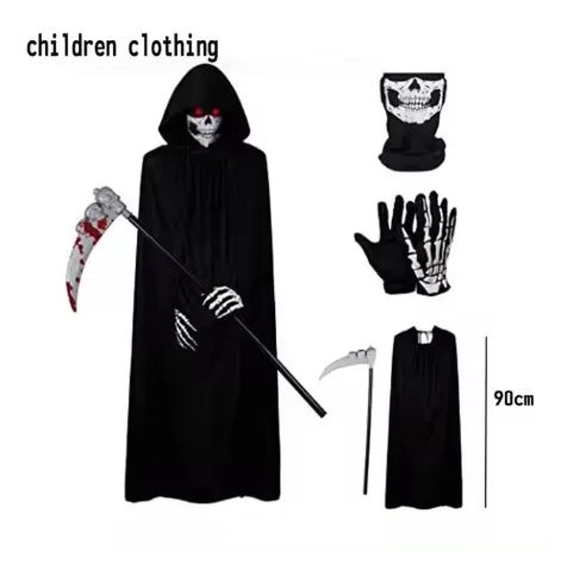 Grim Reaper Costume Set With Hooded Black Cloak Skeleton Prop Halloween Cosplay For Kids Adults 9