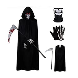 grim reaper costume set with hooded halloween black cloak & skull mask props (kids & adults)