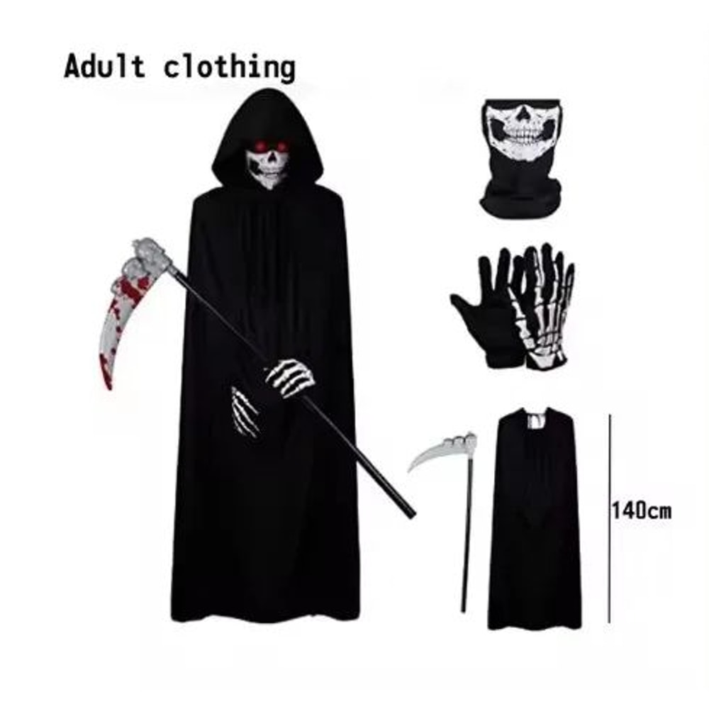 Grim Reaper Costume Set With Hooded Halloween Black Cloak Skull Mask Props Kids Adults 7