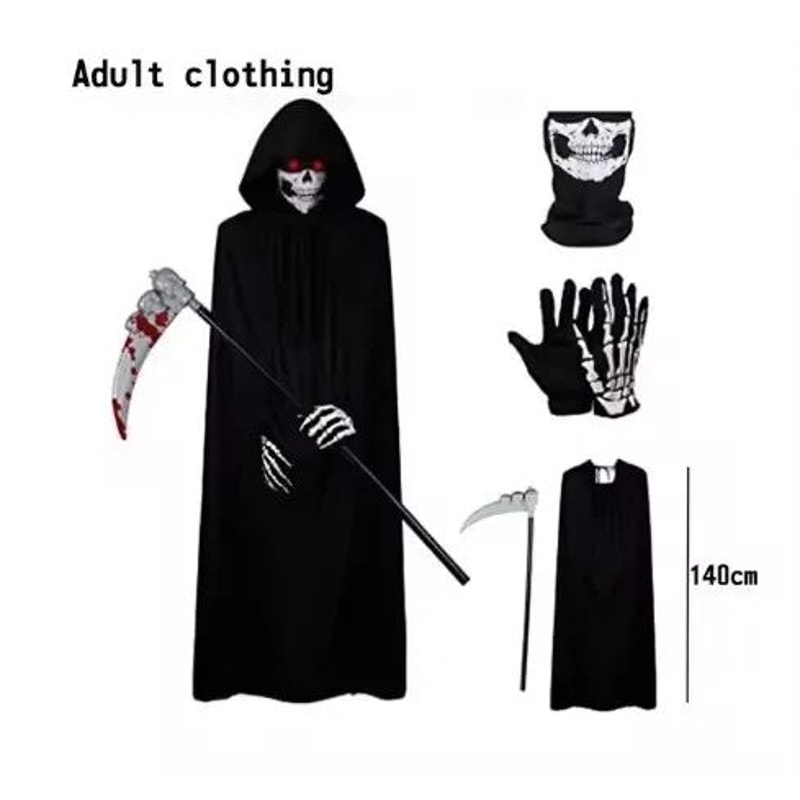 Grim Reaper Costume Set With Hooded Halloween Black Cloak Skull Mask Props Kids Adults 7