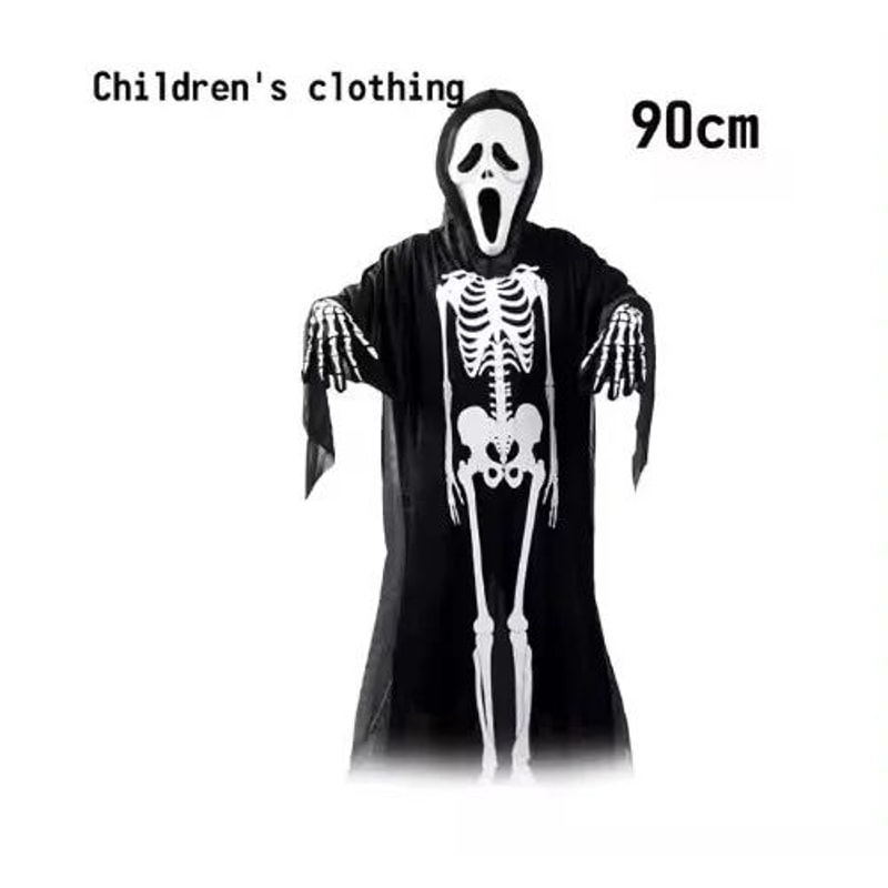 Grim Reaper Costume Set With Hooded Halloween Black Cloak Skull Mask Props Kids Adults 8