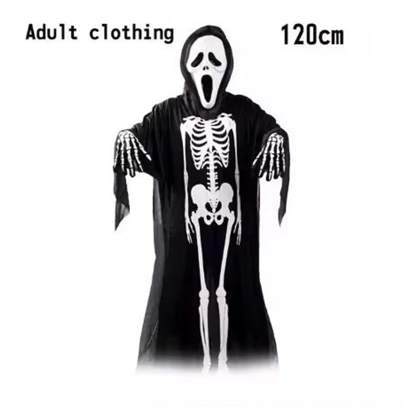 Grim Reaper Costume Set With Hooded Halloween Black Cloak Skull Mask Props Kids Adults 9