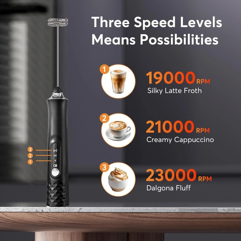 Rechargeable Handheld Milk Frother Wand 3Speed Coffee Frother For Latte Foam And Drink Mixing 1