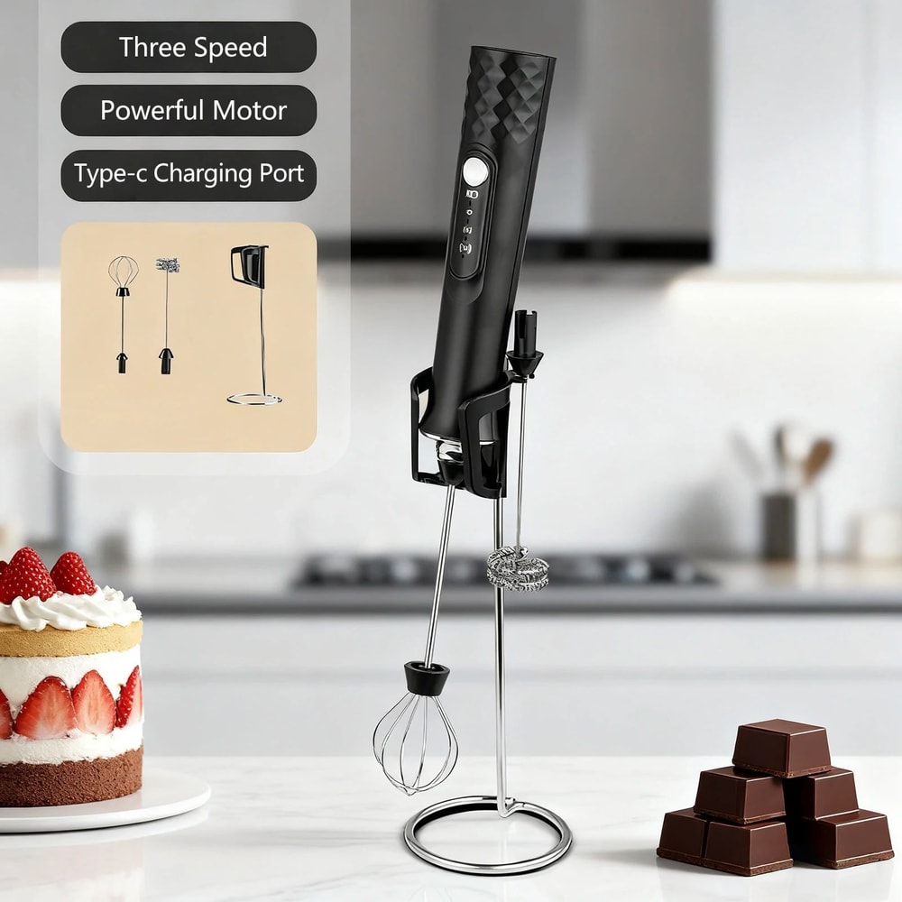 Rechargeable Handheld Milk Frother Wand 3Speed Coffee Frother For Latte Foam And Drink Mixing 7