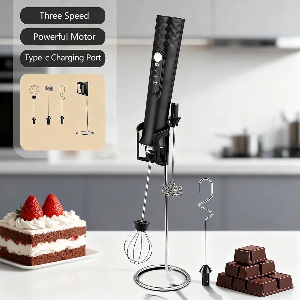 Rechargeable Handheld Milk Frother Wand 3Speed Coffee Frother For Latte Foam And Drink Mixing 9