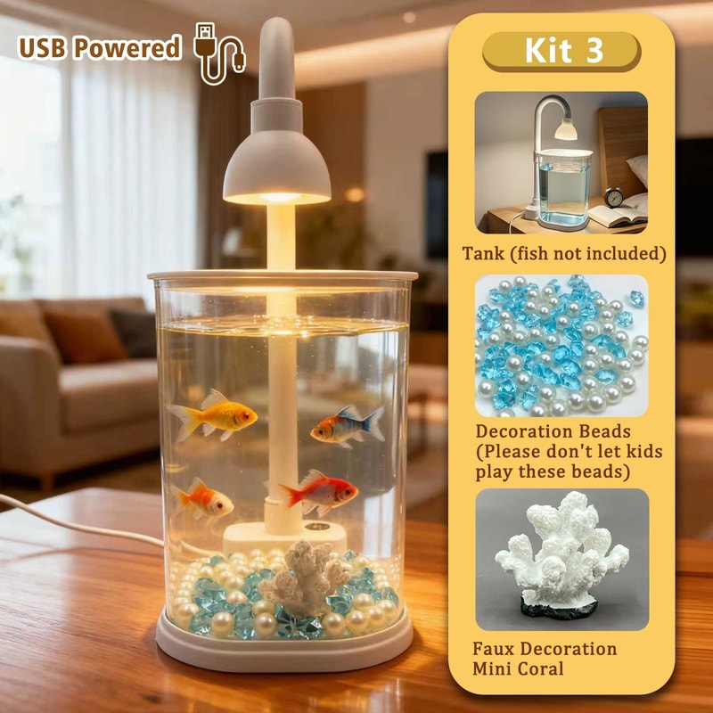 Desktop Aquarium Starter Kit With LED Light Small Betta Fish Tank For Kids Home Office 8