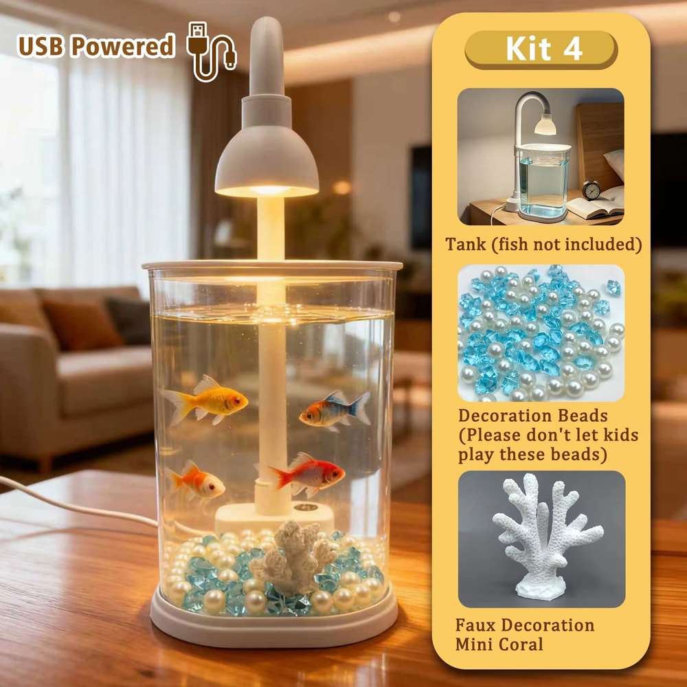 Desktop Aquarium Starter Kit With LED Light Small Betta Fish Tank For Kids Home Office 9