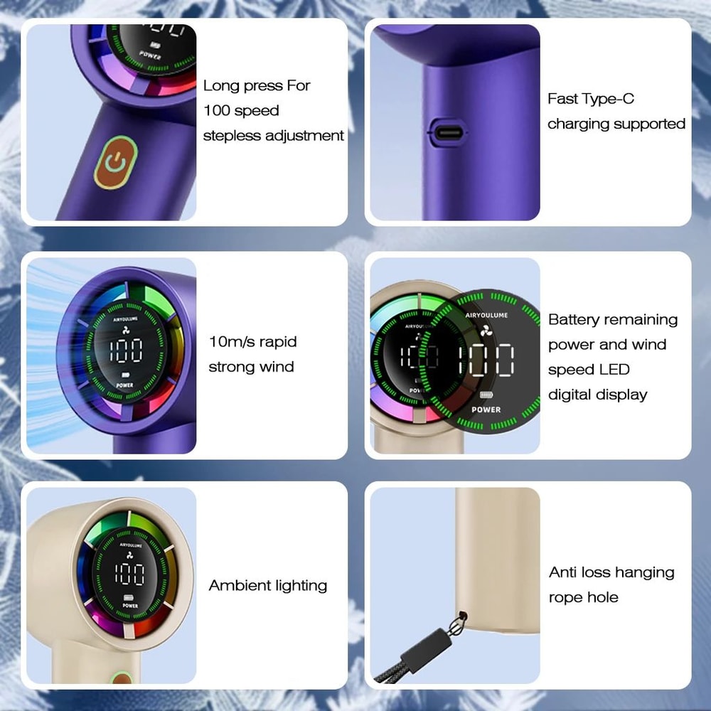 BreezePulse Handheld Fan 6Speed Portable Rechargeable Fan With Digital Display 3000mAh Battery 2