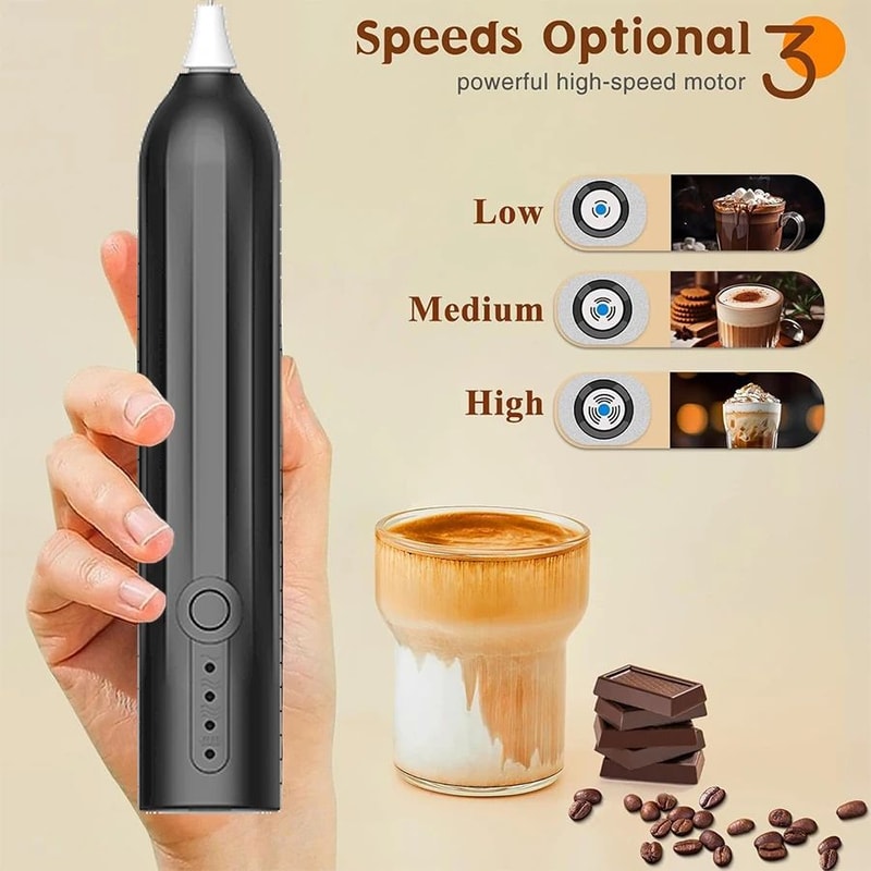 USBC Rechargeable Handheld Milk Frother Wand 3Speed Portable Coffee Foam Whisk With Dual Heads 3