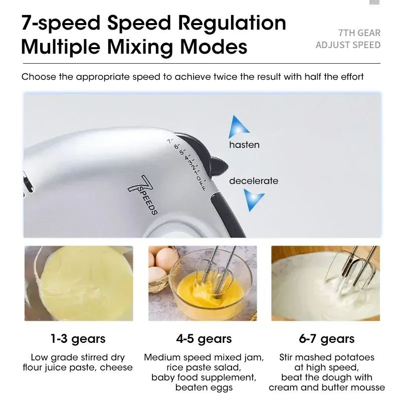 7Speed Handheld Electric Mixer For Baking Whipping Lightweight Electric Egg Beater With Dough Hoo 5