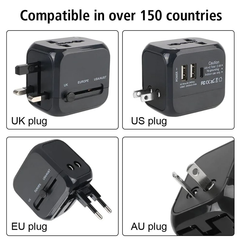 Universal Travel Adapter With USBC Dual USB Ports USEUUKAU Fast Worldwide Charger 2