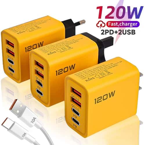 120W USB C PD 4-Port Fast Charger – Quick Charge 3.0 Travel Wall Adapter (EU/US Plug)
