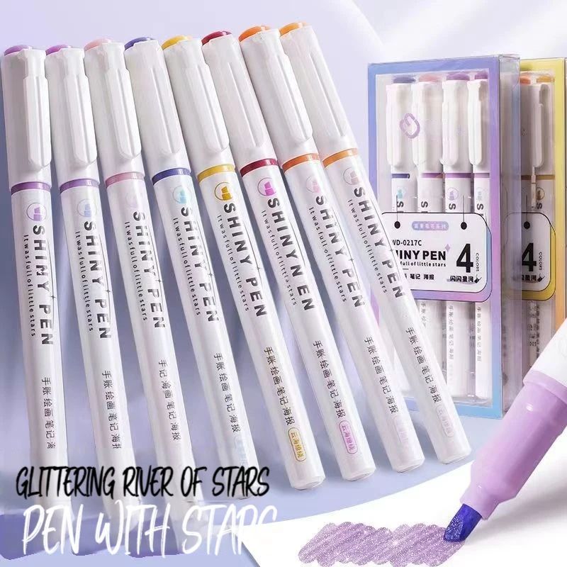 Glitter Highlighter Pens 4Color Set Shimmer Marker Set For Journals Notes Scrapbooking 4