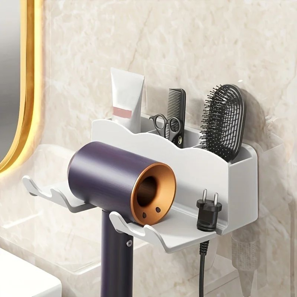 NoDrill Wall Mounted Hair Dryer Holder With Storage Rack SpaceSaving Bathroom Organizer 7