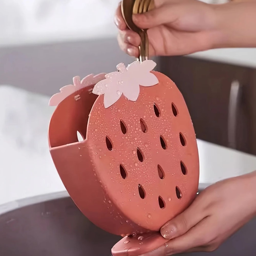 Strawberry Kitchen Utensil Holder With Drainage Cute Countertop Sink Caddy Organizer 0