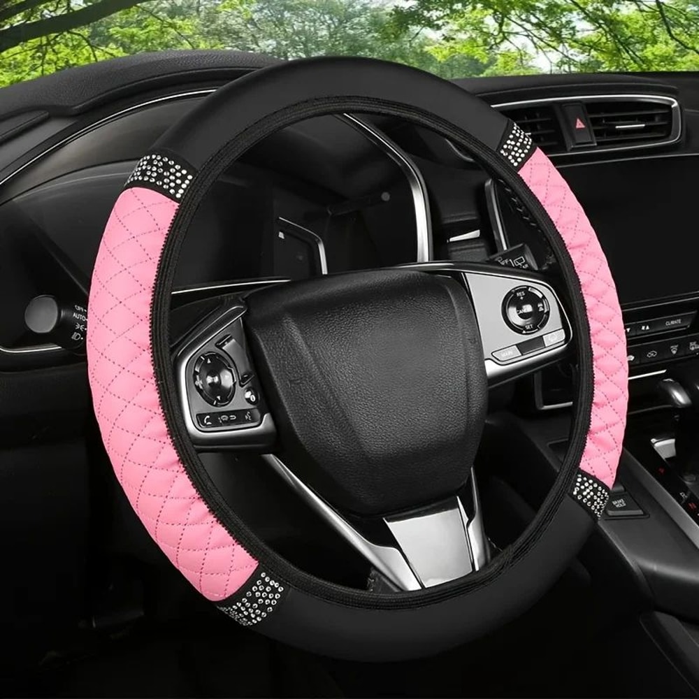 Diamond PU Leather Steering Wheel Cover For Universal 15Inch Wheels NonSlip Grip Luxe Sparkle Comfo 0