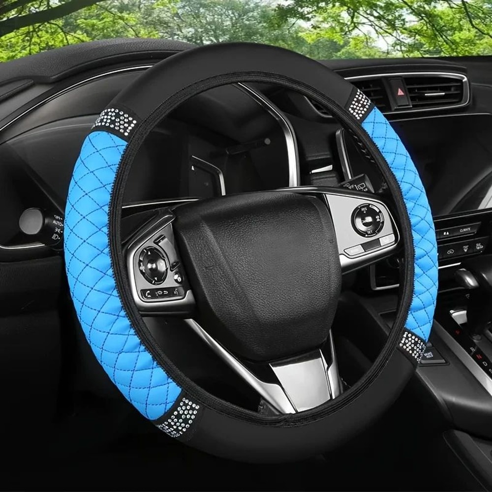 Diamond PU Leather Steering Wheel Cover For Universal 15Inch Wheels NonSlip Grip Luxe Sparkle Comfo 3