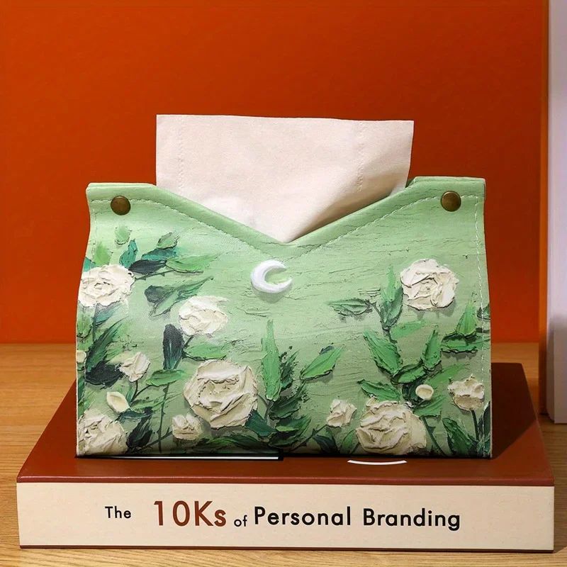 Moonlight Rose 3D Oil Painting Tissue Box Cover Faux Leather Luxury Tissue Box Holder For Home Ca 1