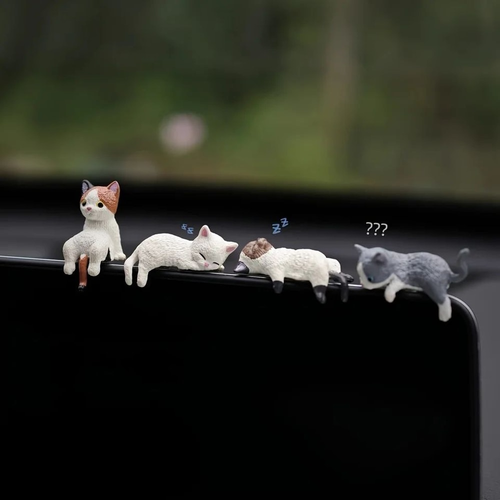 Sleepy Cat Car Ornament Set 4PCS Cute Cat Car Ornament For Car Dashboard Decor Rearview Mirror De 0