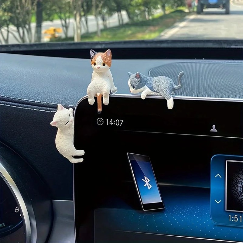 Sleepy Cat Car Ornament Set 4PCS Cute Cat Car Ornament For Car Dashboard Decor Rearview Mirror De 4