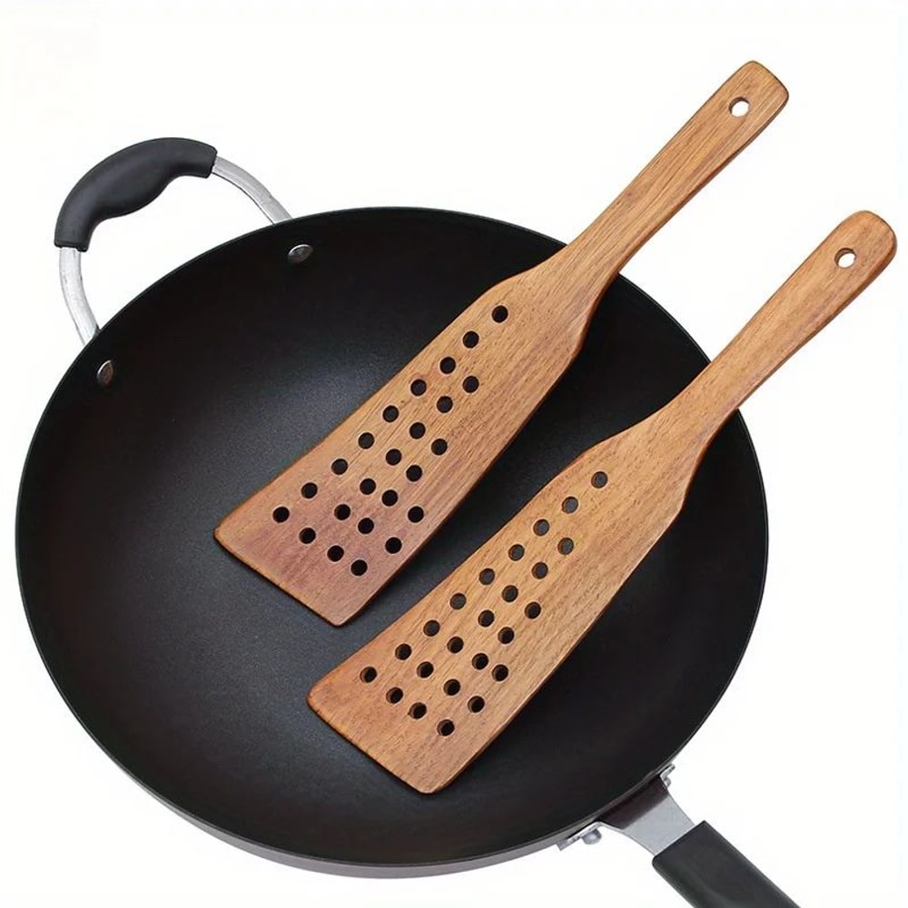 24Hole Wooden Slotted Spatula For Nonstick Pans HeatSafe Wok Frying Turner 0