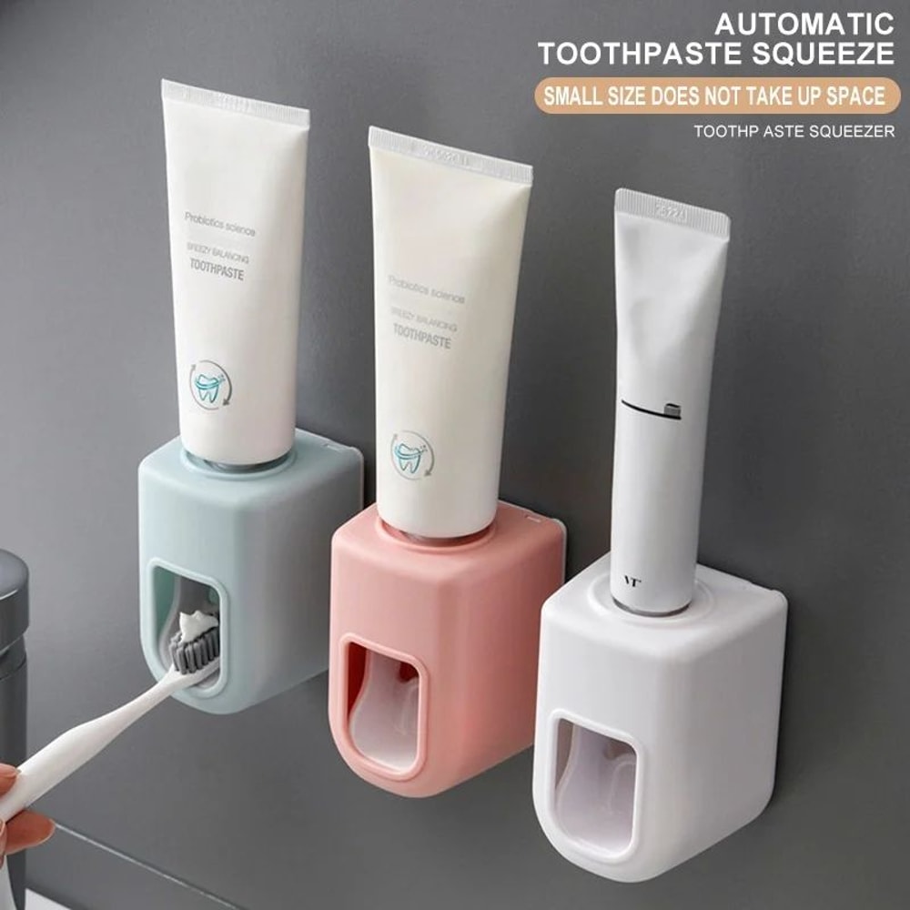 Automatic WallMount Toothpaste Dispenser With Toothbrush Holder Waterproof Bathroom Organizer 0