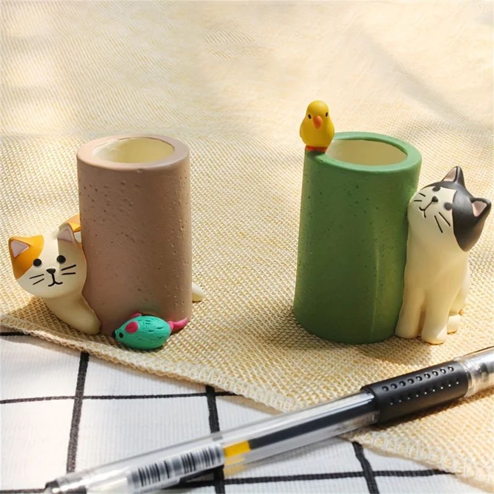 Cute Cat Pen Holder Set 2pcs Kawaii Desk Decor Mini Desk Organizer For Office Study 3